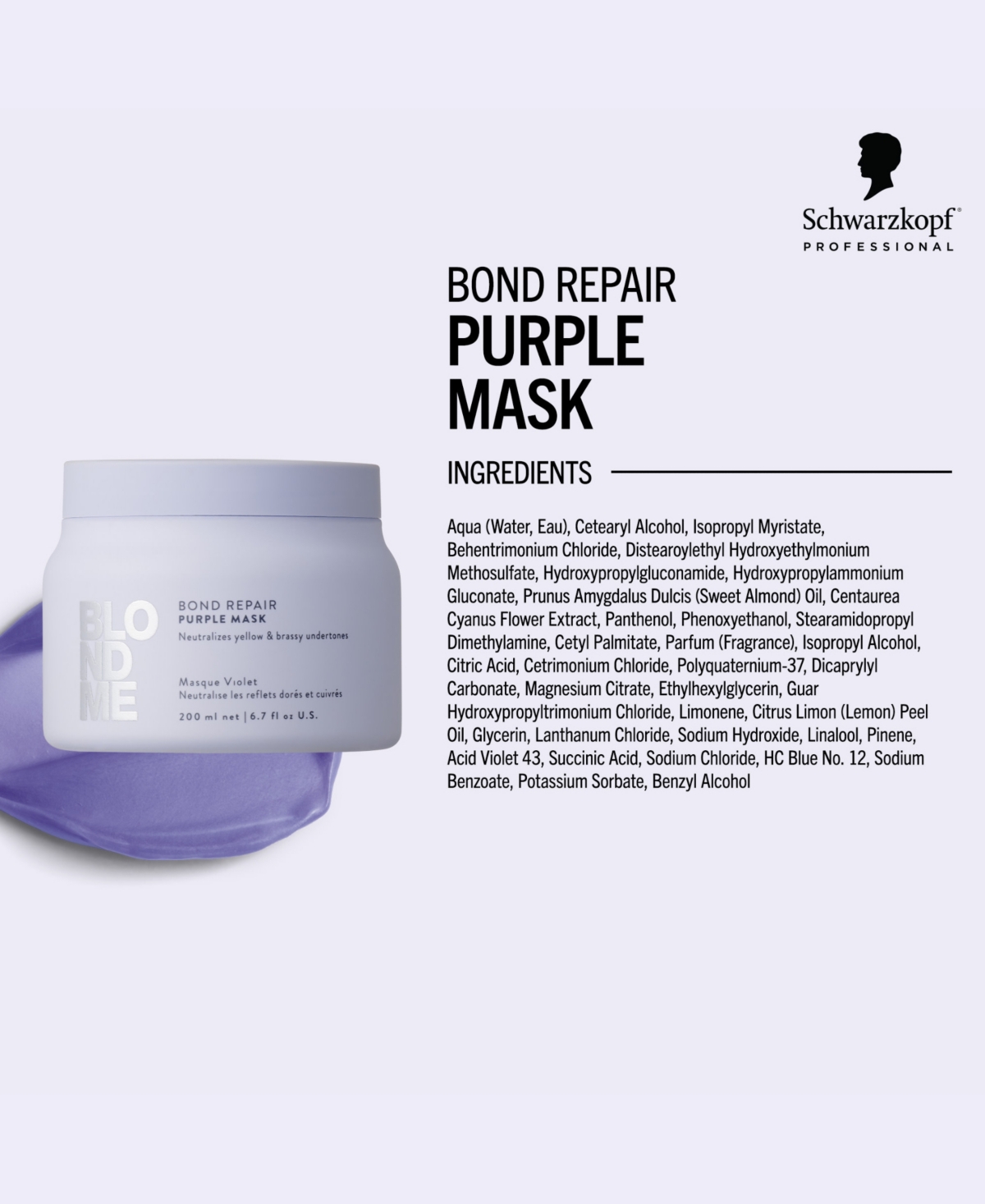Schwarzkopf Blondme Bond Repair Purple Mask, 6.7 Oz. In Transparent