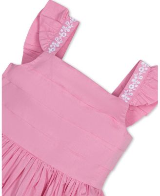 Big Girls Pleated Flutter Sleeve Apron Dress with Embroidery
