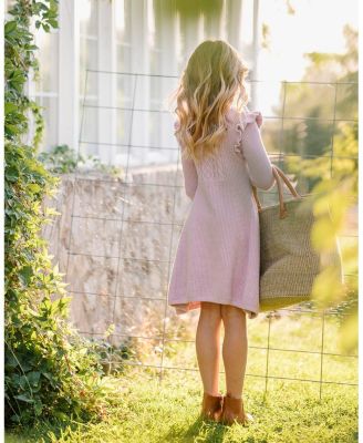 Little and Big Girls' Organic Long Sleeve Flutter Detail Sweater Dress