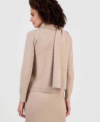 Women's Diamond-Stitch Mock Neck Scarf Sweater