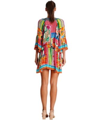 Women's Multicolor Mini Dress with Side Asymmetrical Hem and Beaded Neckline