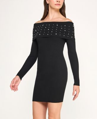 Juniors Off The Shoulder Rhinestone Fitted Sweater Dress