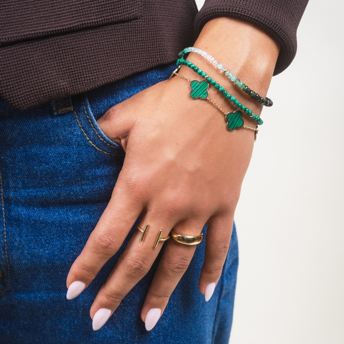 The Lovery Malachite Round Bead Bracelet 14K Gold