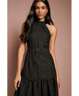 Women's Lace Organza Belted Halter Midi Dress