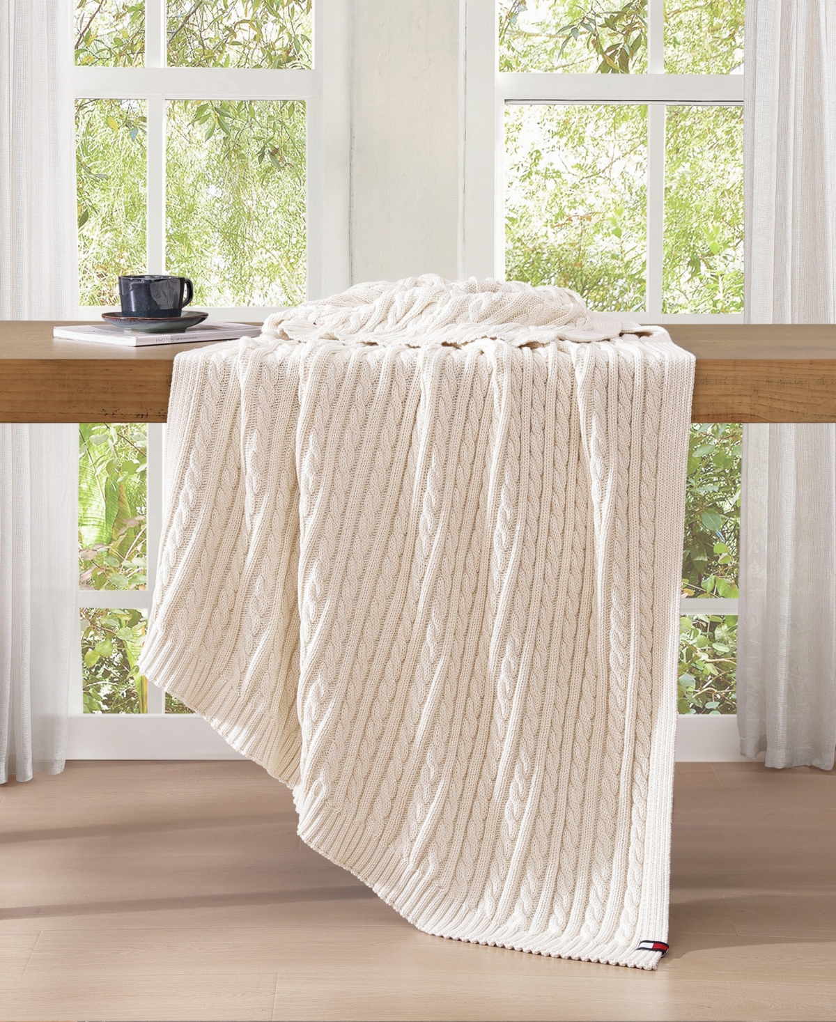 Tommy Hilfiger Solid Cotton Cable Knit Throw Blanket, 70" X 50" In Neutral