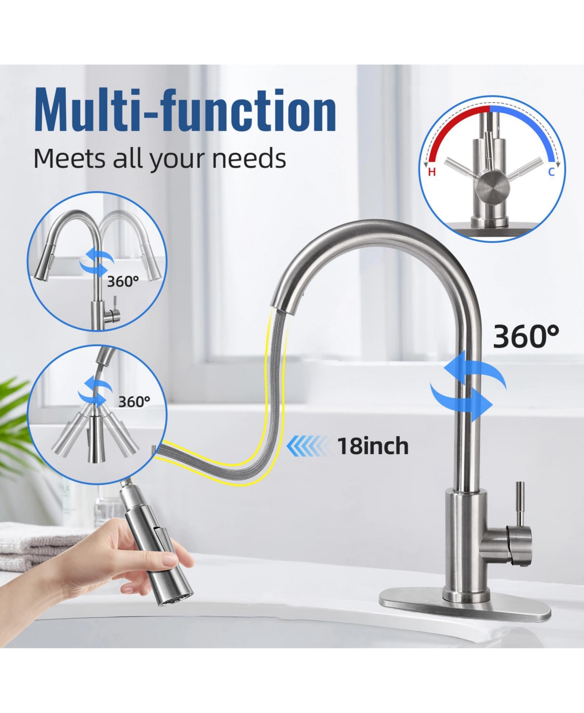 304 Stainless Steel Pull-Down Kitchen Faucet with 360° Rotation and Dual Water Modes