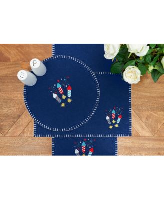 Patriotic 4th of July Solid Blue Sparkler Embroidered Fireworks Design Felt Table Runner 12" x 47.25"