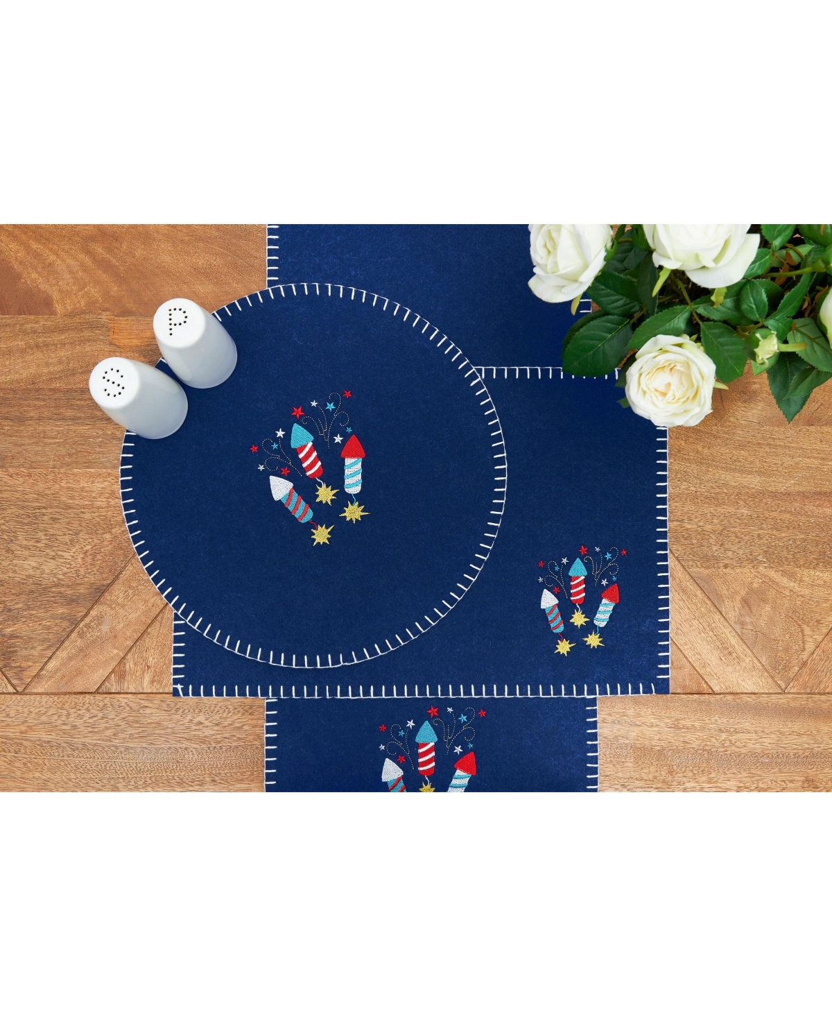 Patriotic 4th of July Solid Blue Sparkler Embroidered Fireworks Design Felt Table Runner 12" x 47.25"