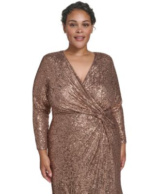 Plus Size Sequin Twist-Front Long Sleeve Gown