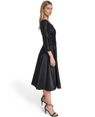 Petite 3/4-Sleeve V-Neck Sequin Midi Dress
