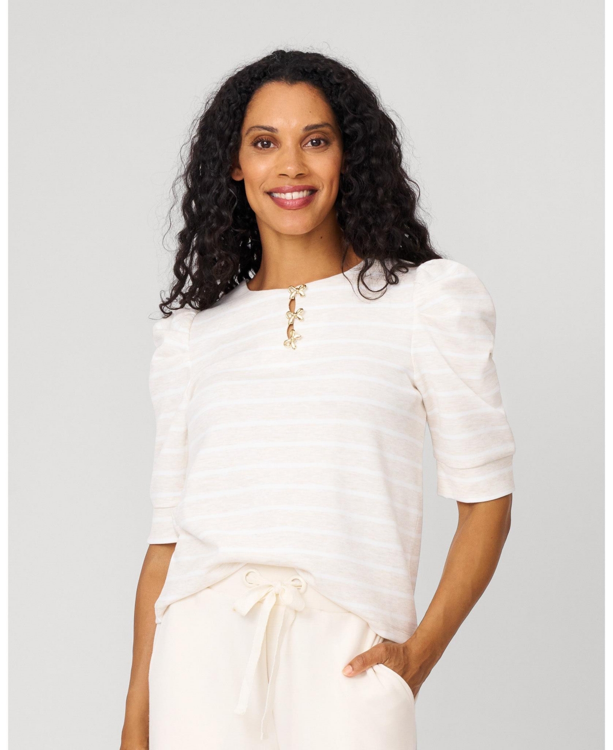 Cable & Gauge Women's Puff Sleeve Bow Top