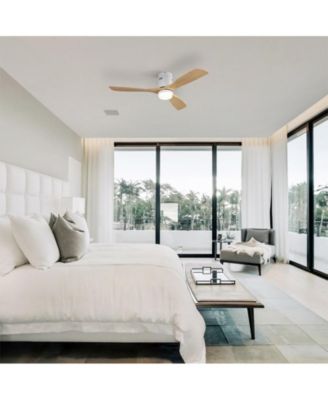 52-inch Modern White 3 Solid Wood Blades Flush Mount Tri color Adjustable Ceiling Fan Light with Remote Control and Forward Reverse Rotation Function