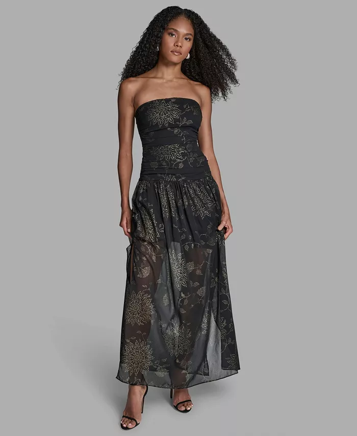 Women's Foil Pleated Strapless Maxi Dress