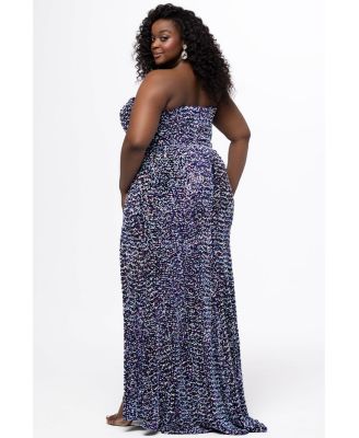 Women's Purple Multi Sequin Velvet Fitted Prom Dress