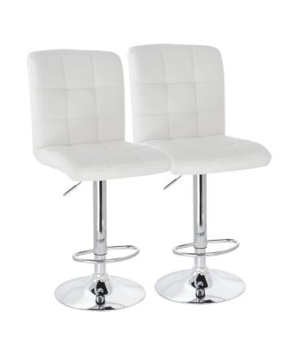 2 Piece Square Tufted Faux Leather Adjustable Bar Stool in White with Chrome Base