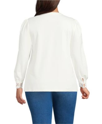 Plus Size Lightweight Jersey Long Sleeve Button Front Pintuck Top