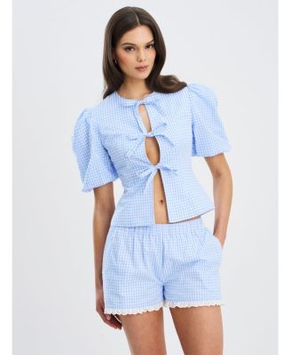 Women's Qusayla Baby Blue Gingham Bubble Sleeve Bowtie Top