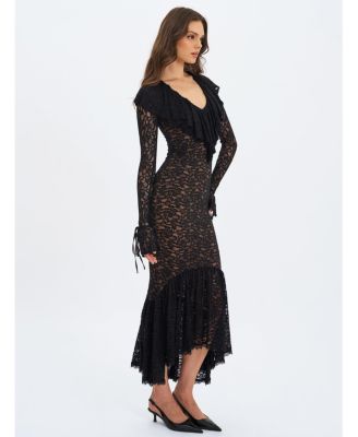 Women's Parisa Black Lace Ruffled Mermaid Maxi Dress