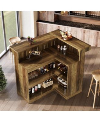 L-Shaped Kitchen Island, Home Bar Unit for Home, 4-Tier Corner Liquor with Storage Shelves and Wine Glasses Holder