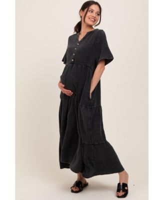 Maternity Black Button Front Tiered Maxi Dress