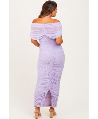 Maternity Lavender Ruched Mesh Foldover Off Shoulder Maxi Dress