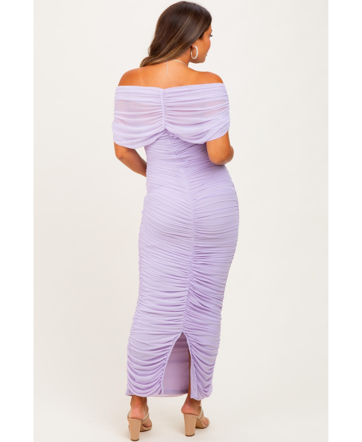 Pinkblush Maternity Light Pink Ruched Mesh Foldover Off Shoulder Maxi Dress
