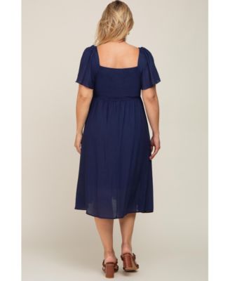 Plus Size Navy Blue Smocked Square Neck Flutter Short Sleeve Maternity Midi Dress