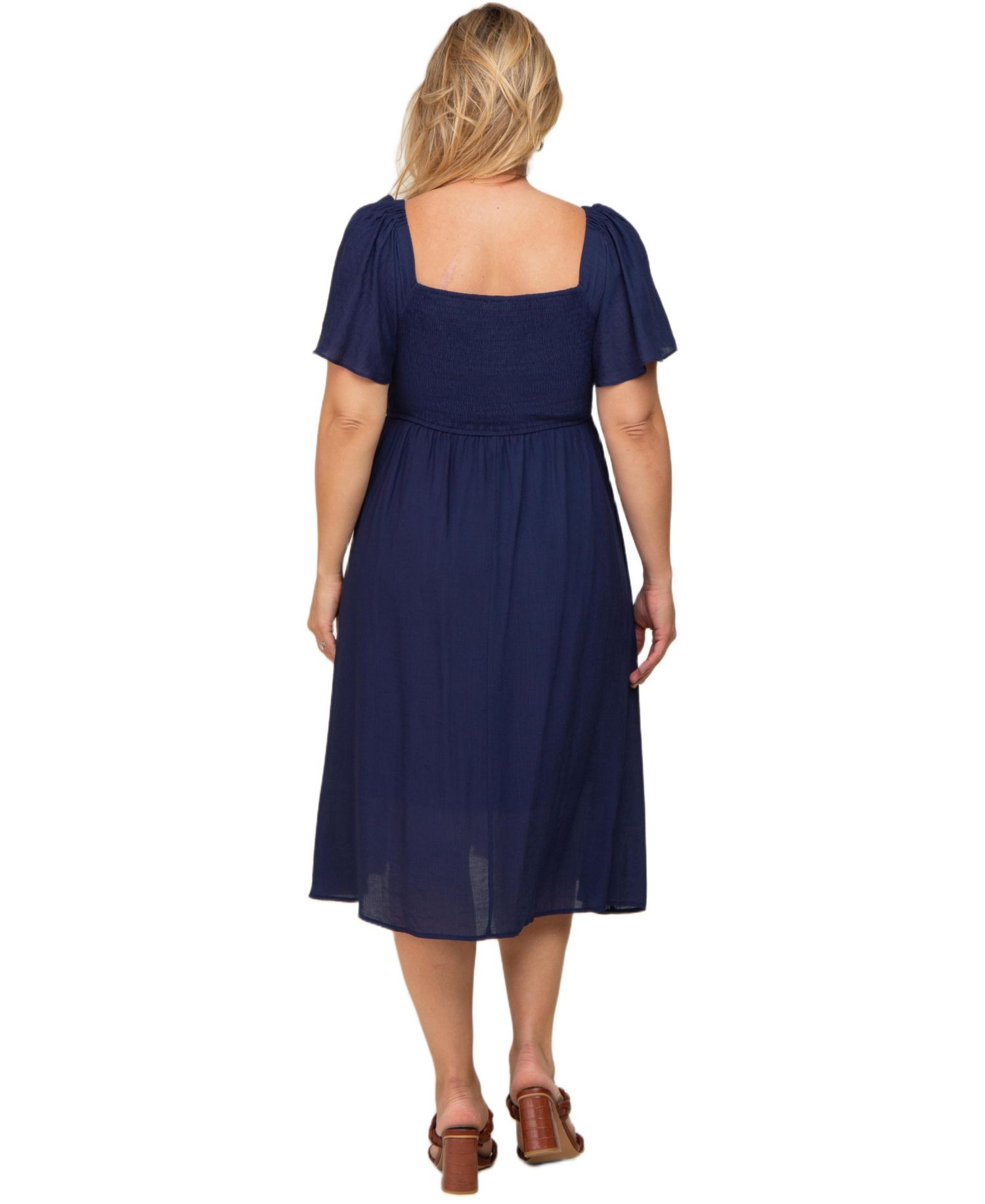 Women's Maternity Smocked Square Neck Flutter Short Sleeve Midi Dress