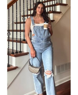 Maternity Light Wash Distressed Overalls