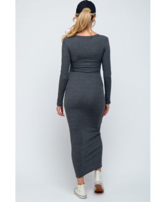 Maternity Charcoal Ribbed Fitted Long Sleeve Midi Dress