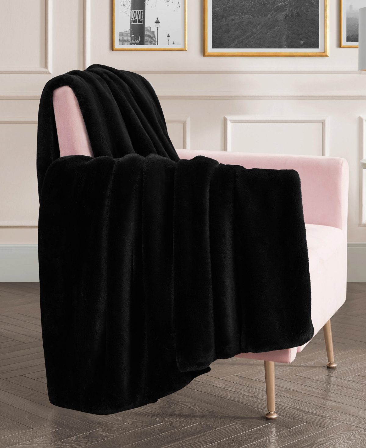 Juicy Couture Rabbit Mink Faux Fur Throw Blanket, 50" X 70" In Black