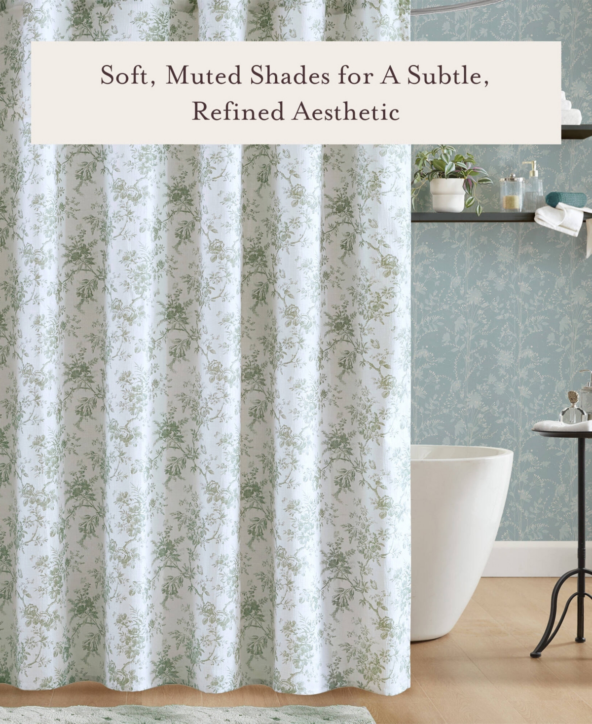 Laura Ashley Walled Garden Tonal Floral Shower Curtain, 72" X 84" In Green