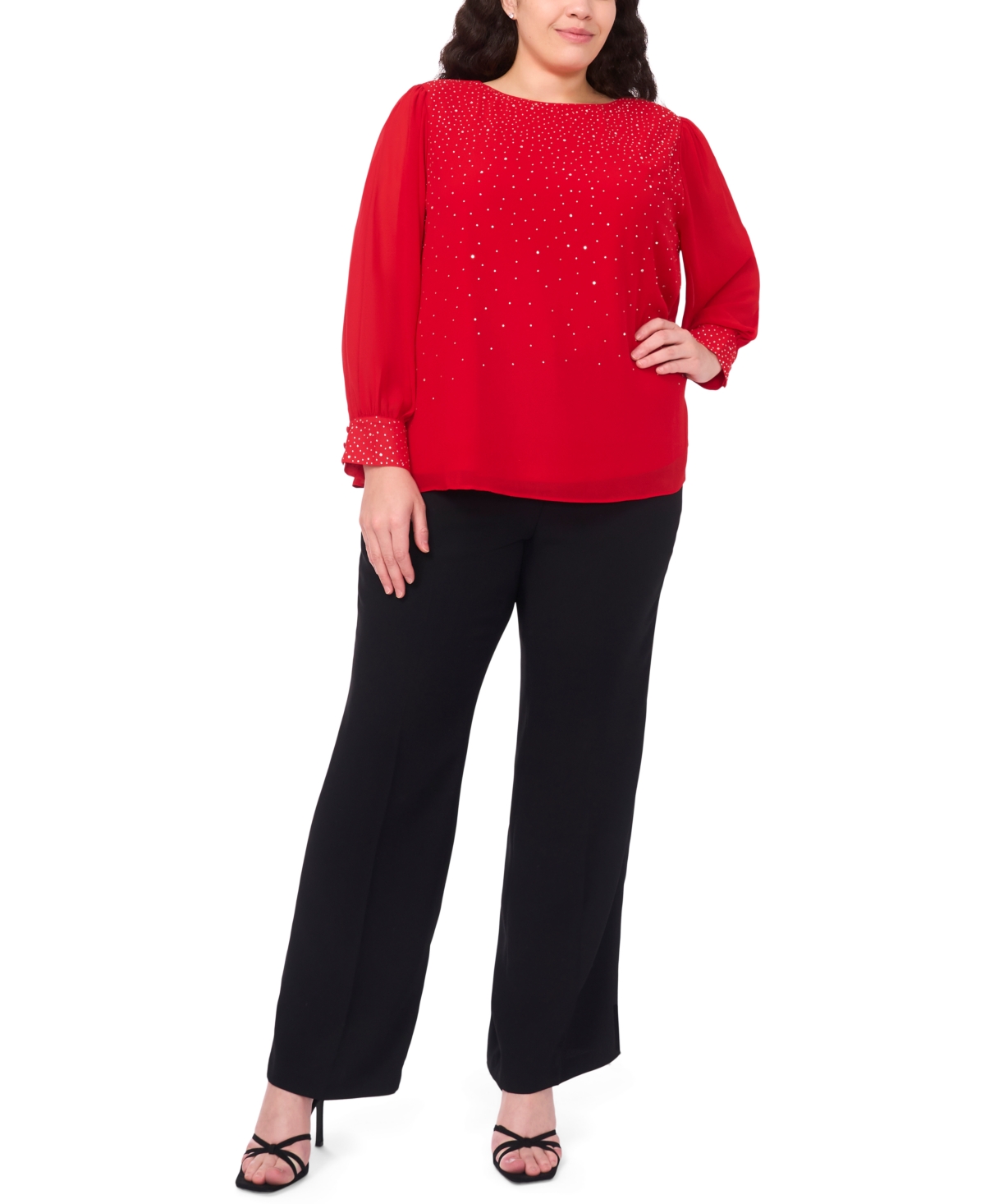 Msk Plus Size Rhinestone Embellished Balloon Sleeves Top In Red