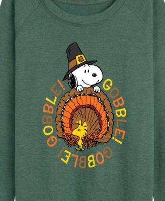 Plus Size Thanksgiving Turkey Snoopy and Woodstock French Terry Long Sleeve T-Shirt