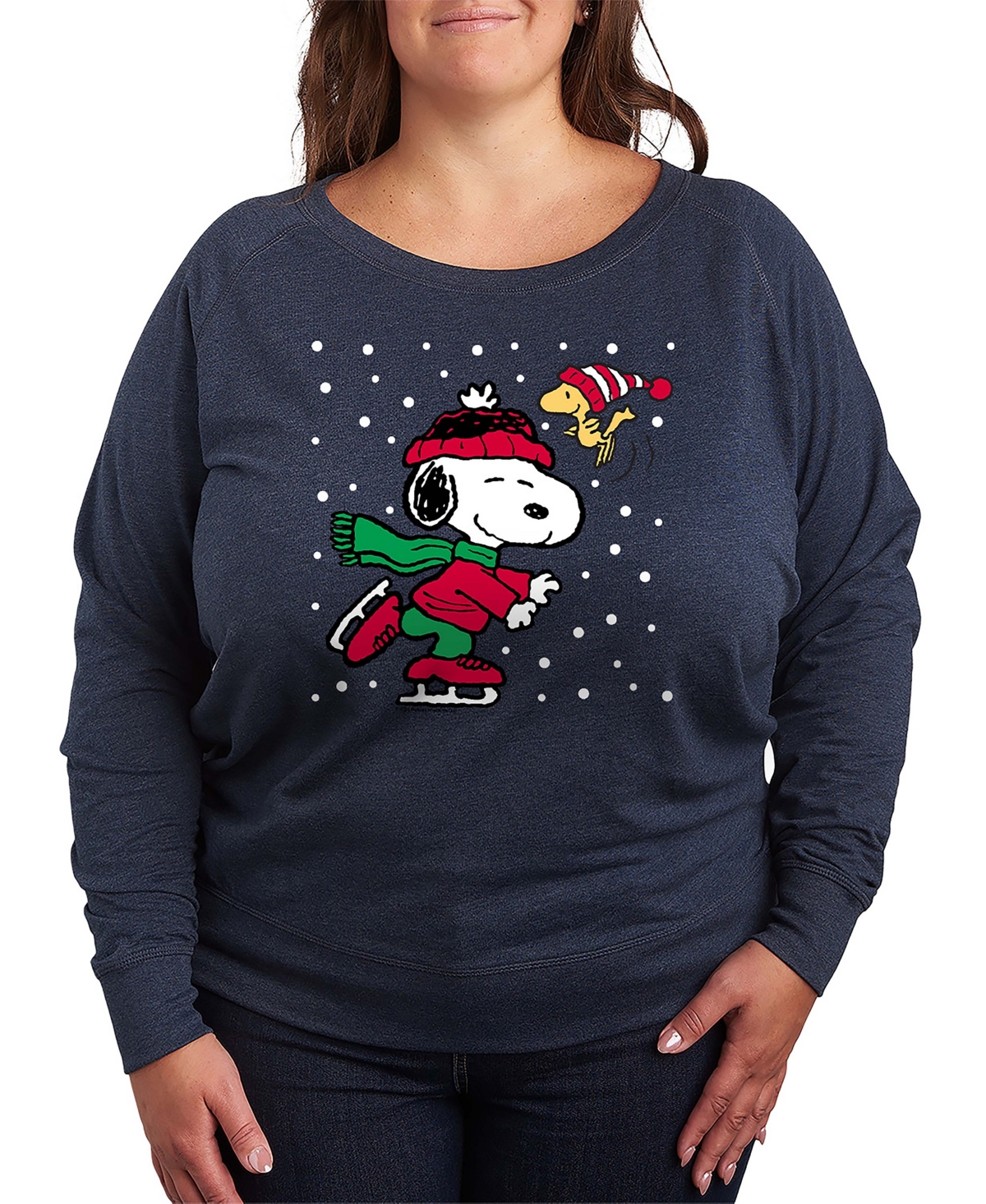 Hybrid Apparel Christmas Snoopy Woodstock Ice Skate Women's French Terry Long Sleeve Shirt In Blue