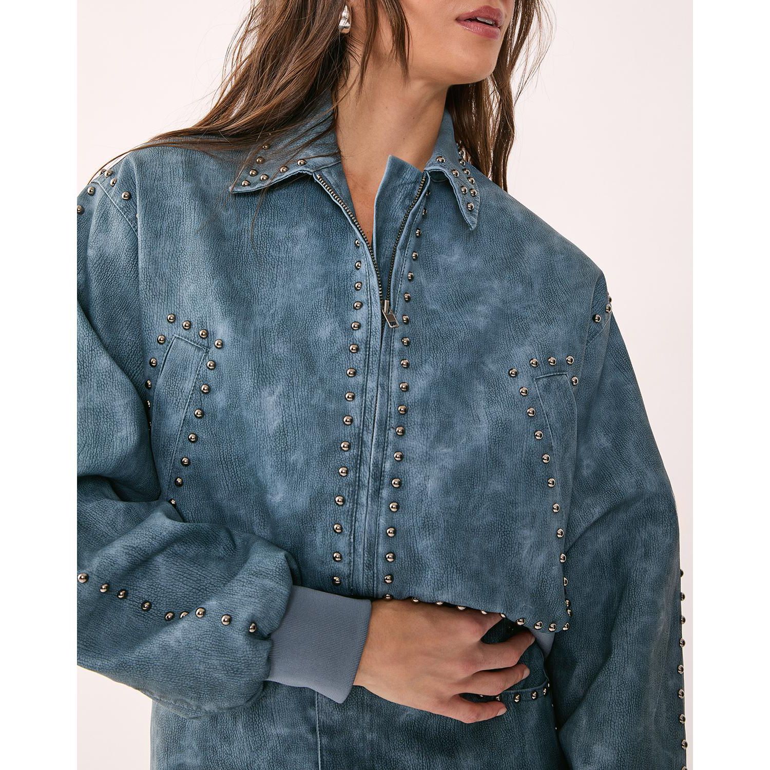 Women's Leather Studded Bomber Jacket