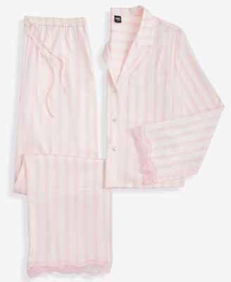 Women's Long-Sleeve Lace Trim Boxy Satin Notch Set