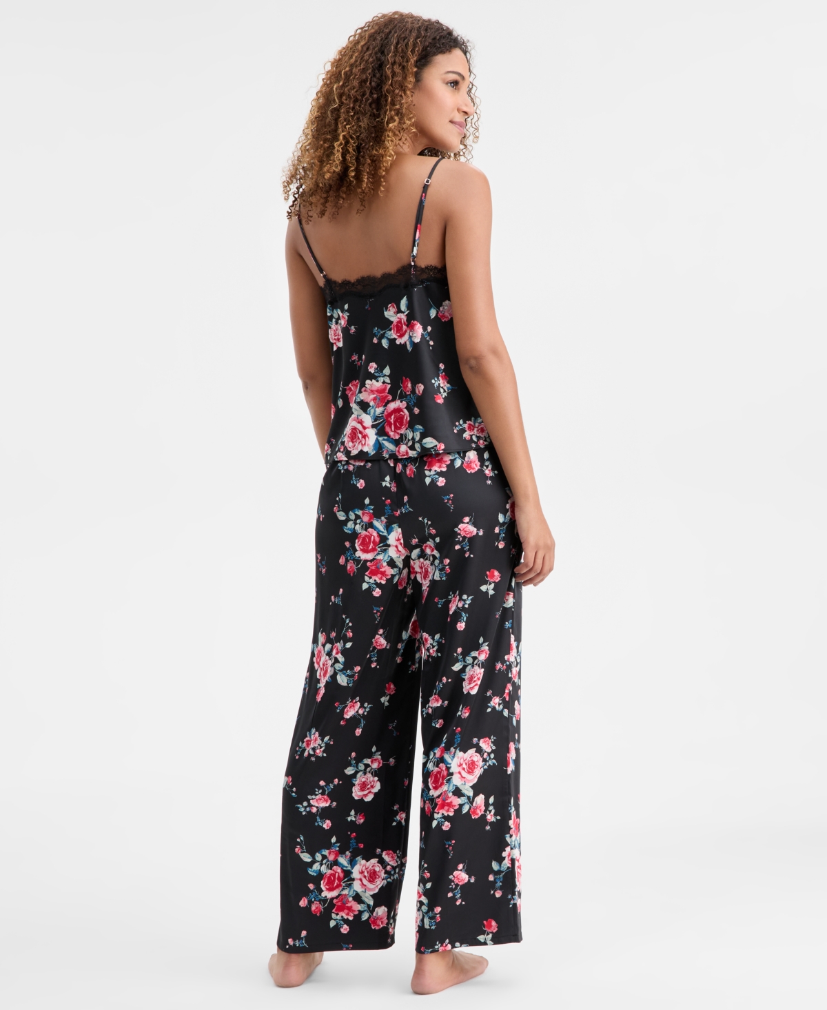 I.n.c. International Concepts Women's Stretch Satin Lace-Trim Top & Pajama Pants Set, Created for Macy's