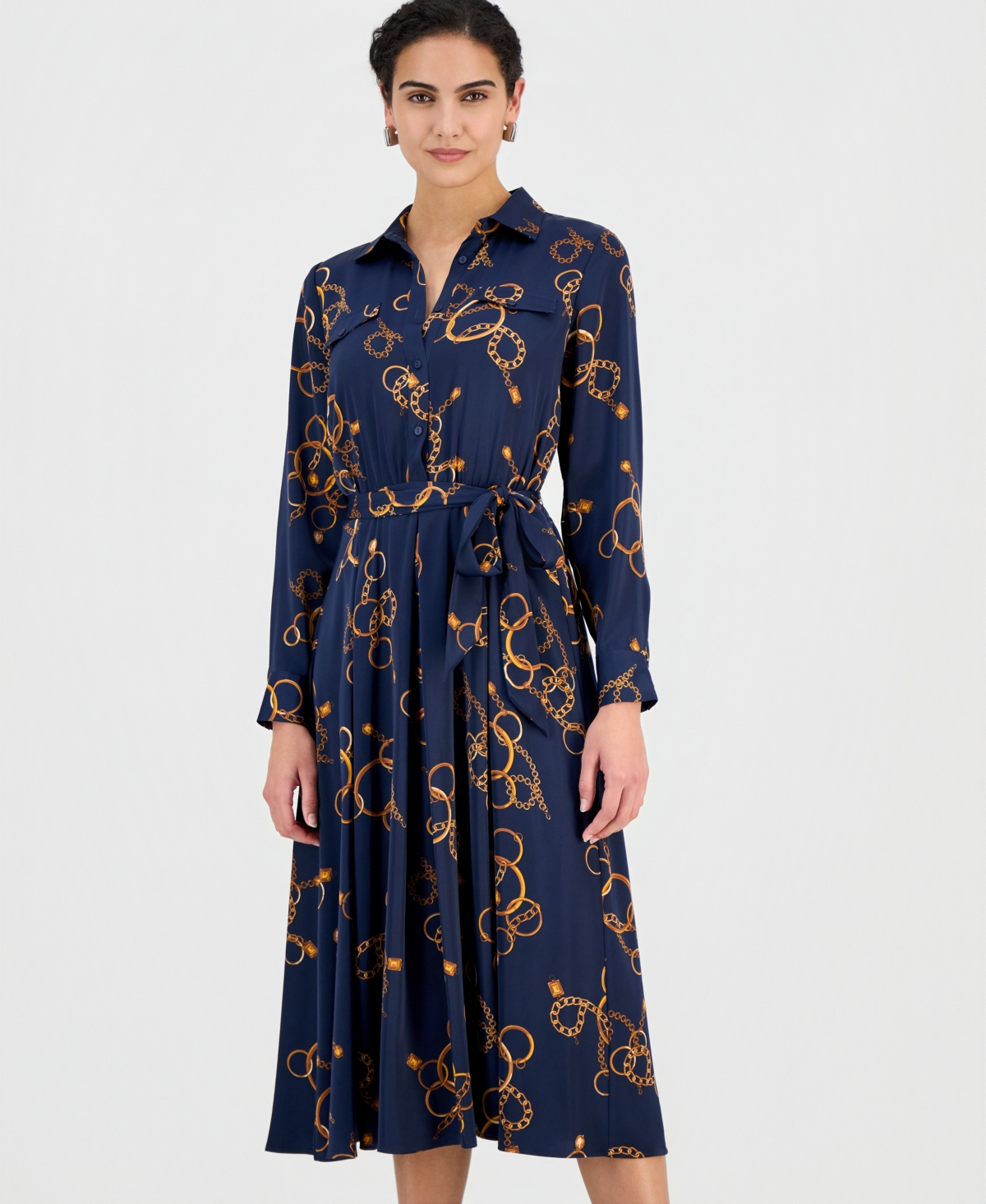 T Tahari Women's Printed Belted Midi Dress