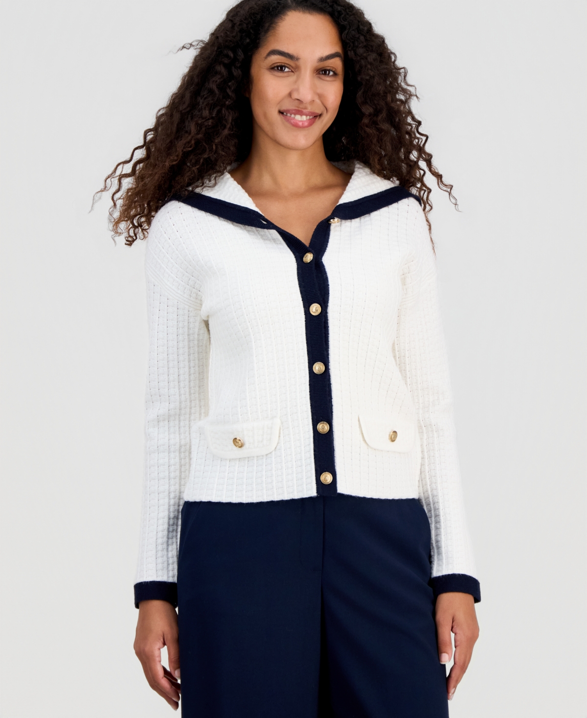 T Tahari Women's Sailor-Collar Tipped Cardigan