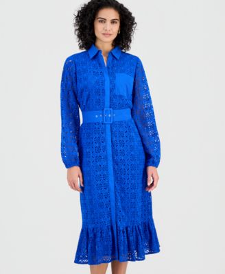 Women's Cotton Belted Lace Midi Dress