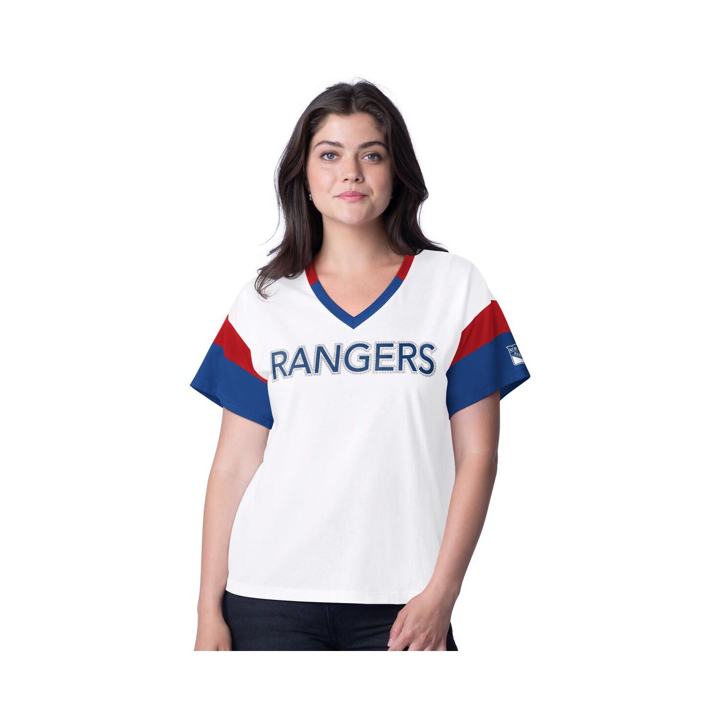 Женская футболка G-III 4Her by Carl Banks White New York Rangers Rink Oversized Rhinestone V-Neck — фото 1
