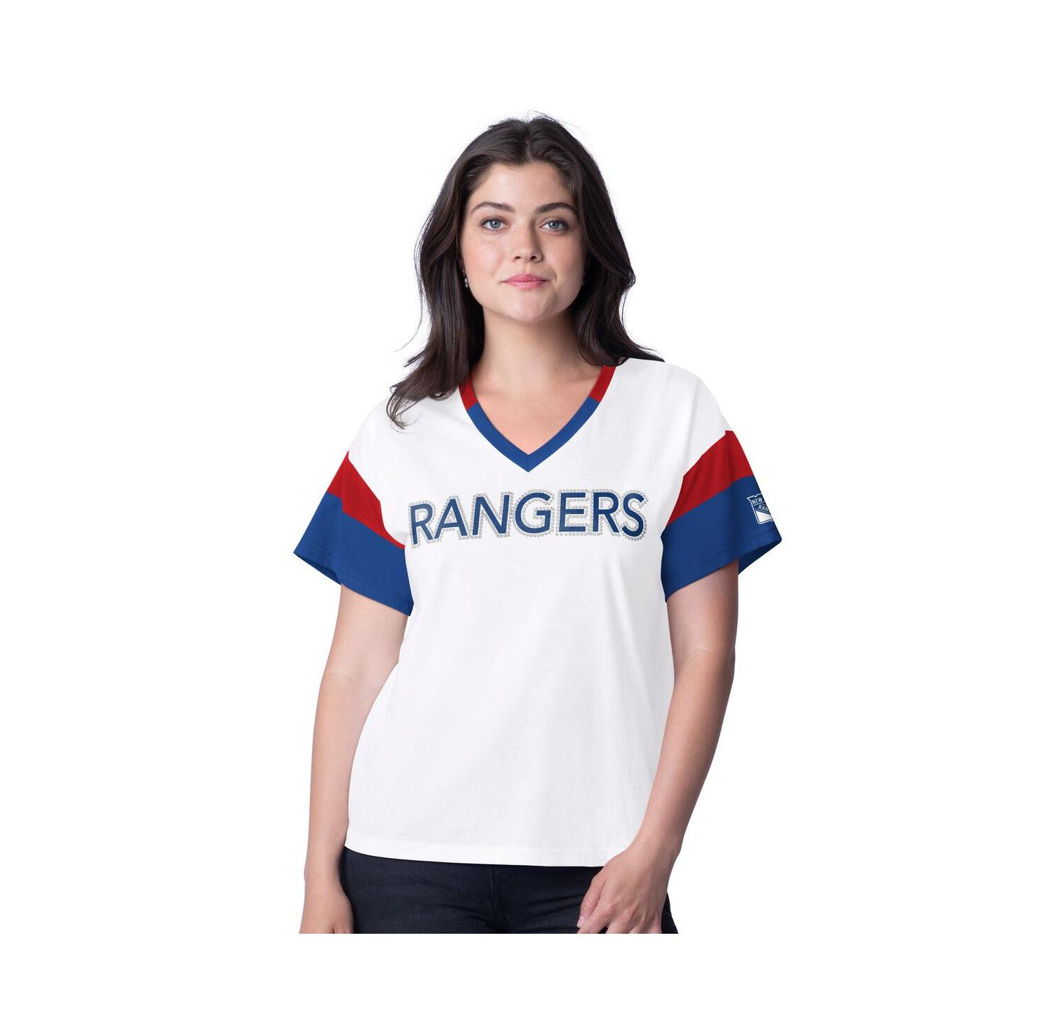 Women's White New York Rangers Rink Oversized Rhinestone V-Neck T-Shirt