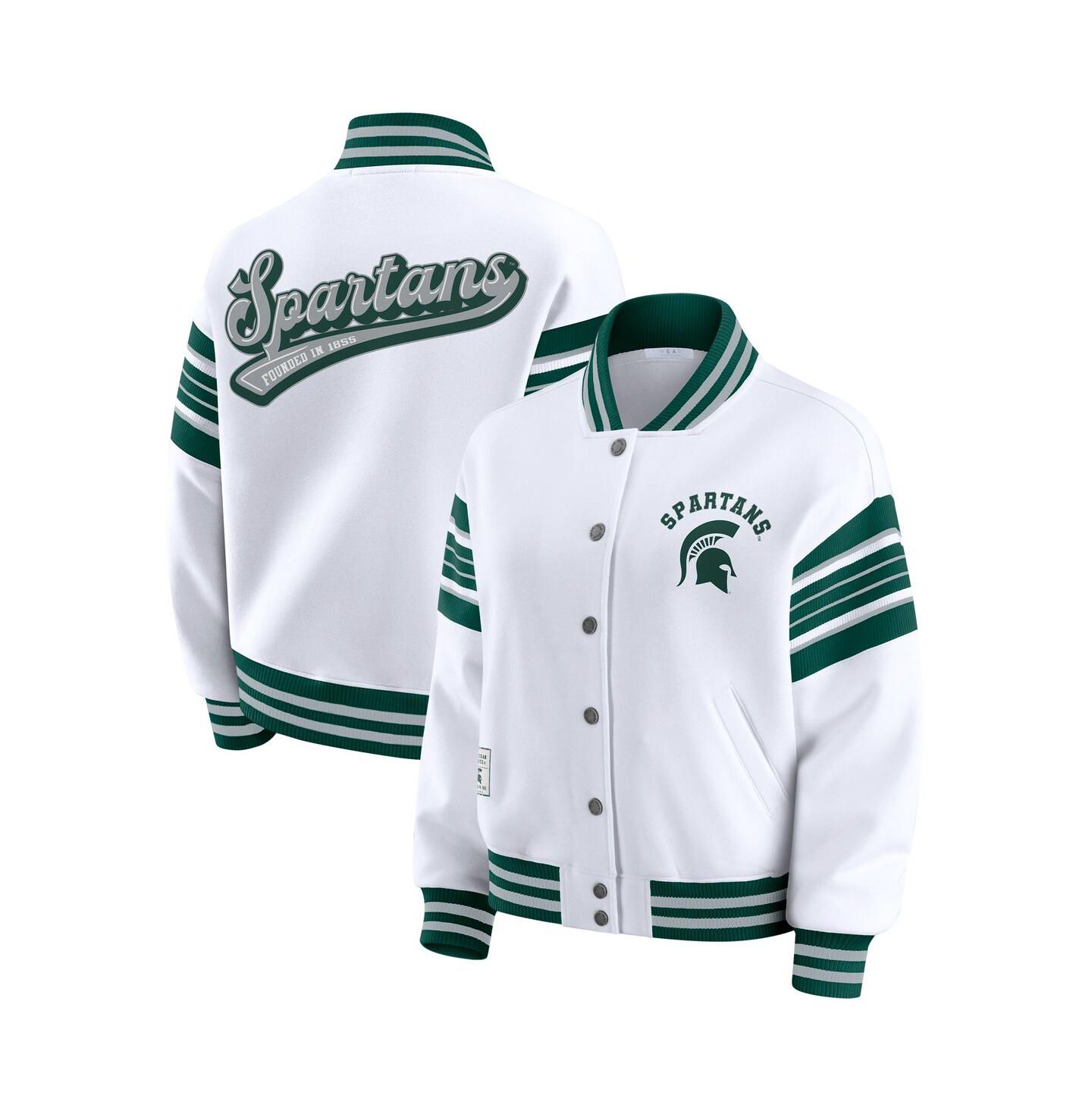 Женская куртка WEAR by Erin Andrews White/Green Michigan State Spartans Satin Stitch Full-Snap Fleece Sweatshirt — фото 1