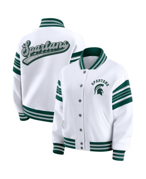 Женские худи WEAR by Erin Andrews Women's White/Green Michigan State Spartans Satin Stitch Full-Snap Fleece Sweatshirt Jacket