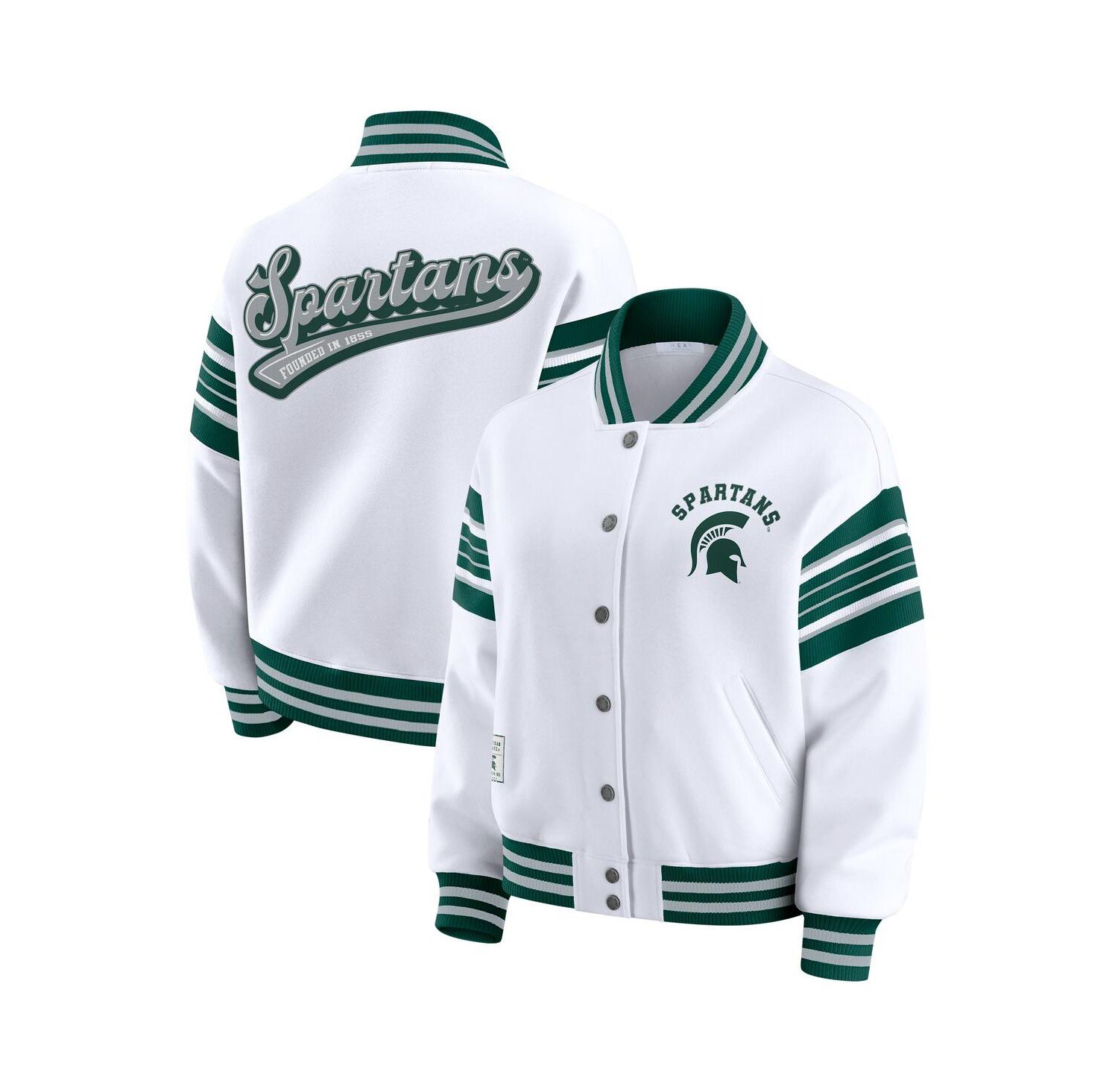 Women's White/Green Michigan State Spartans Satin Stitch Full-Snap Fleece Sweatshirt Jacket