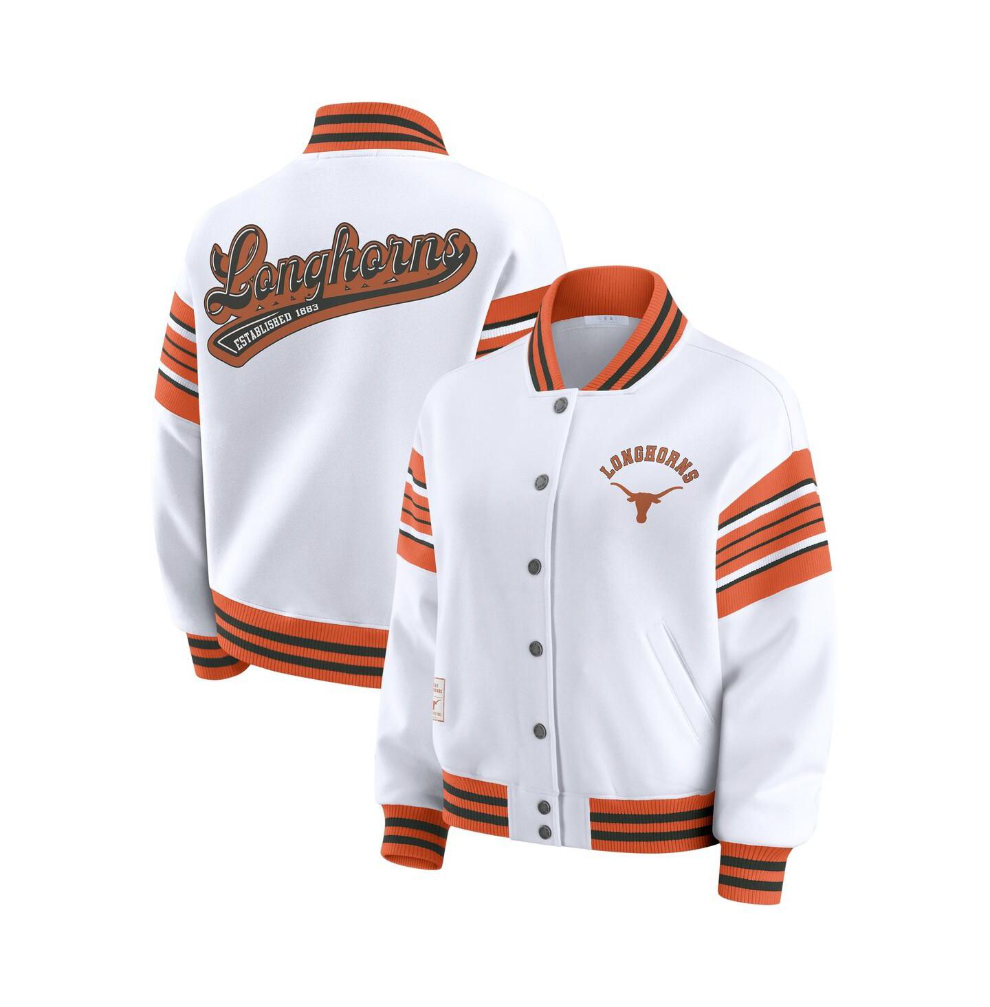 Женская куртка WEAR by Erin Andrews White/Texas Orange Texas Longhorns Satin Stitch Full-Snap Fleece Sweatshirt — фото 1