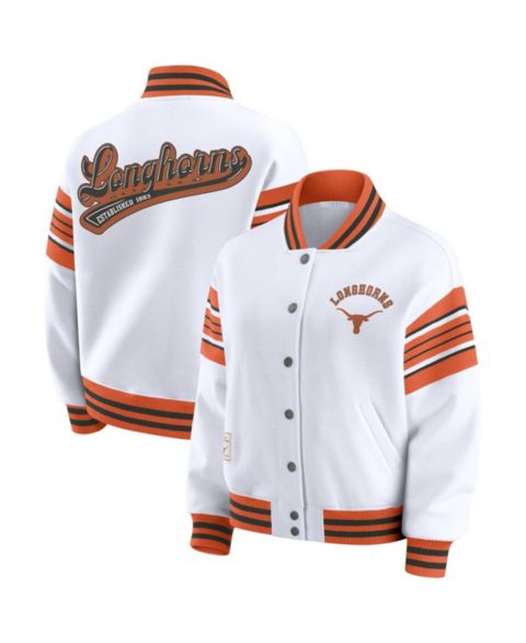 Женские куртки WEAR by Erin Andrews White/Texas Orange Texas Longhorns Satin Stitch Full-Snap Fleece Sweatshirt Jacket