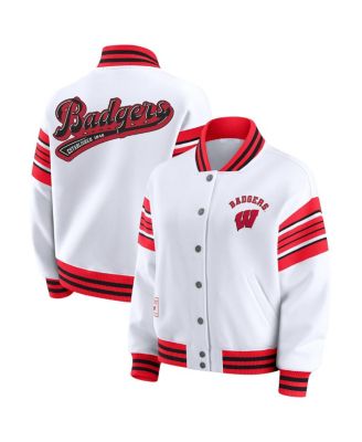 WEAR by Erin Andrews - Women's White/Red Wisconsin Badgers Satin Stitch Full-Snap Fleece Sweatshirt Jacket
