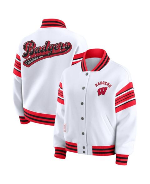 Женские худи WEAR by Erin Andrews Women's White/Red Wisconsin Badgers Satin Stitch Full-Snap Fleece Sweatshirt Jacket